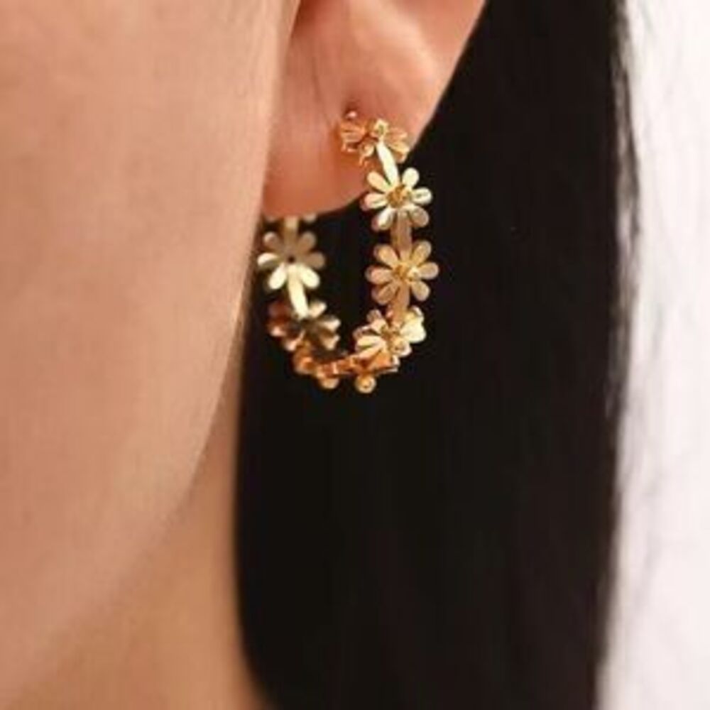 Gold Stainless Steel Daisy Hoop Earrings - Floral Statement Hoops Dainty